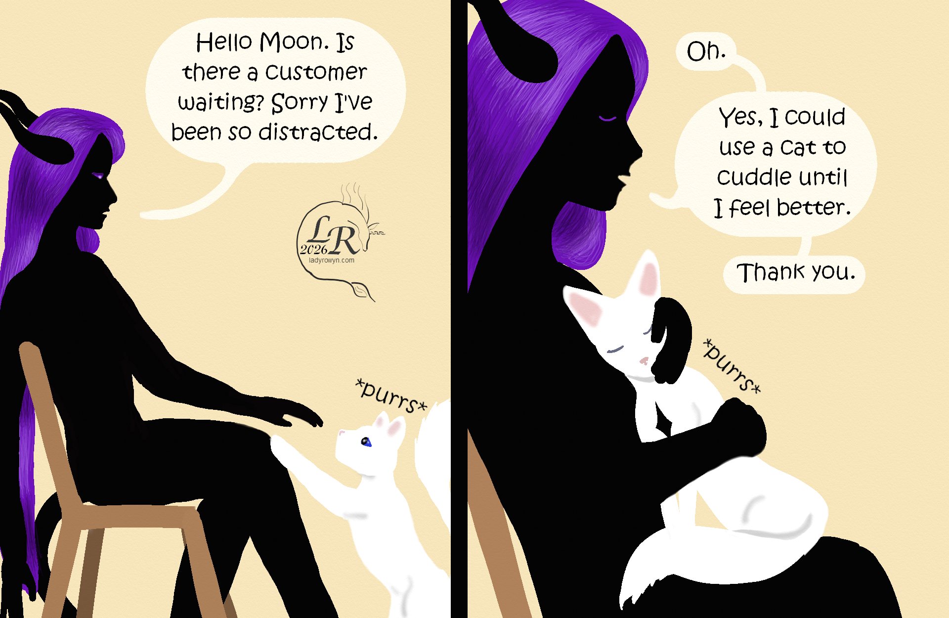 
Panel 1: Zhenshay is slumped in his chair, extending one hand to Moon, who looks up at him, purring. 
Zhenshay: “Hello, Moon. Is there a customer waiting? Sorry I’ve been so distracted.” 

Panel 2: Moon hops into Zhenshay’s lap and rubs her head against his chest. Zhenshay strokes her. 
Zhenshay: “Oh. Yes, I could use a cat to cuddle until I feel better. Thank you.” 
Moon: *purrs*

